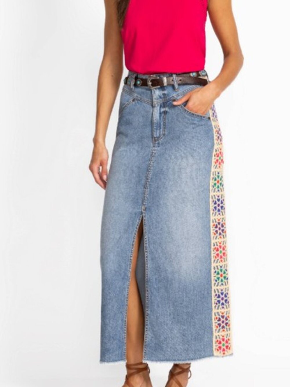 NWT Johnny Was JWLA Biya 3J Workshop The Denim Long Skirt Embroidered Morgann 31